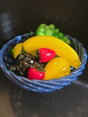 Handcrafted Blue Ceramic Lattice Bowl, With Handblown Murano Style Glass Fruit.